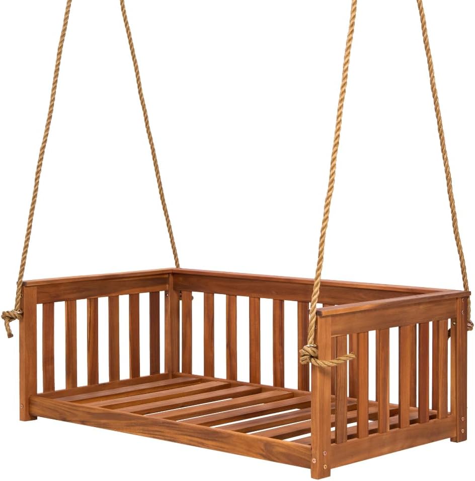 Charleston Outdoor Daybed Swing with Ropes - Crib Size Porch Swing Bed Made from Acacia Wood in Natural Finish