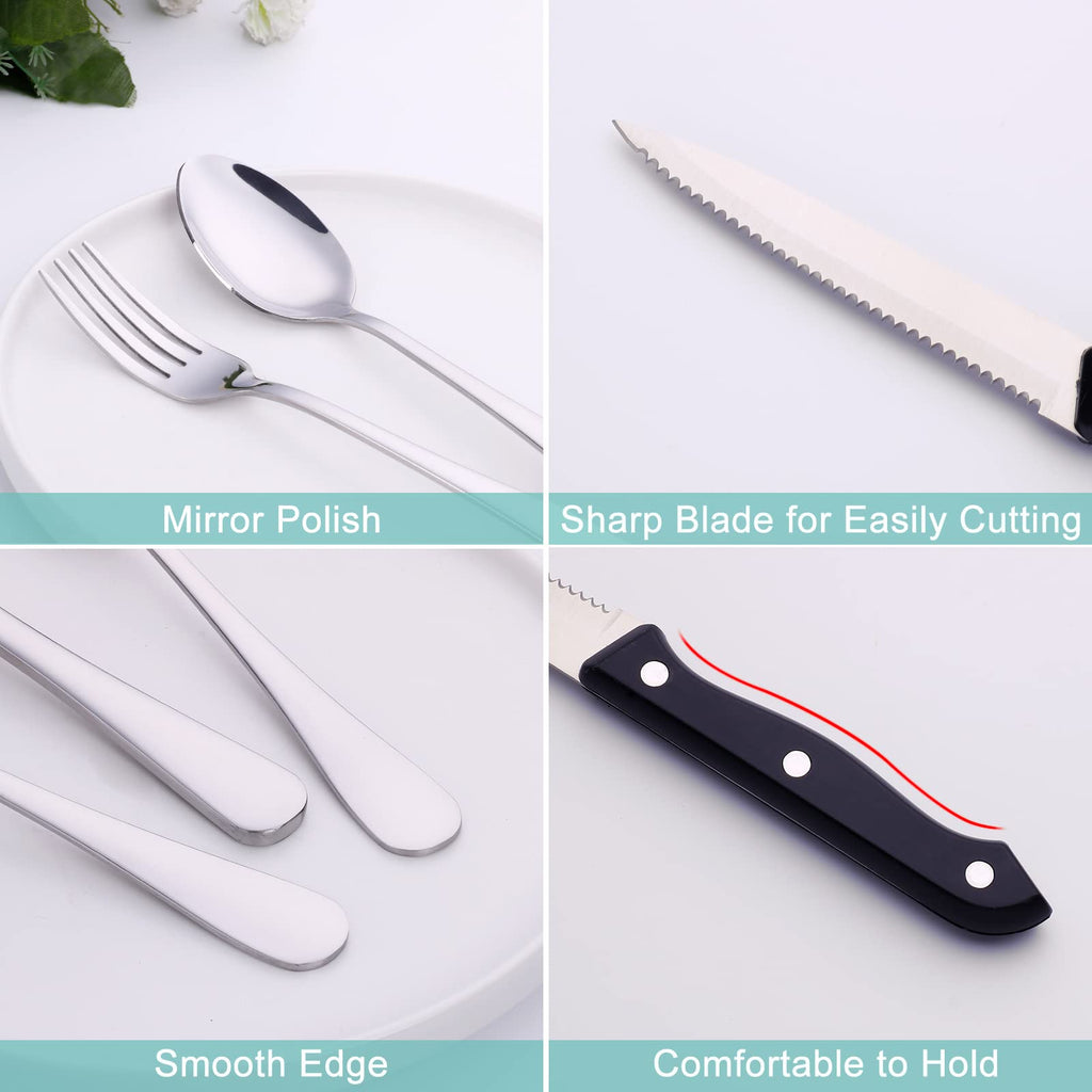 48 Piece Metal Everyday Modern Silverware Set with Steak Knives 18/0 Stainless Steel Flatware Cutlery Reusable Lunch