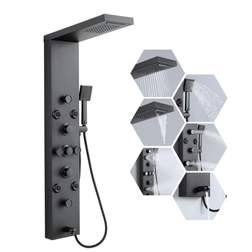 6 in 1 Rainfall Waterfall Shower Panel Tower System Matte Black