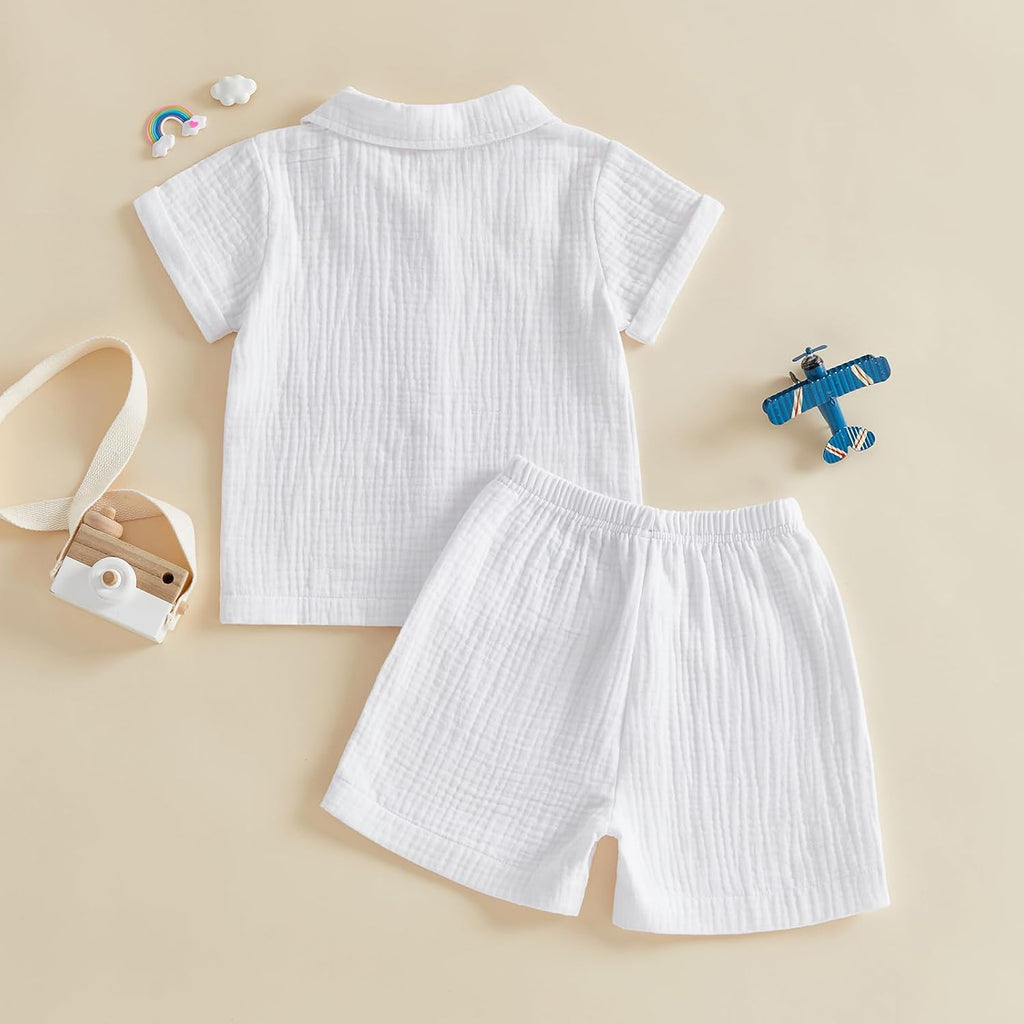 Baby Boy Summer Outfit 2PCS Button Down Shirt Tops + Shorts with Pocket Toddler Infant Triple Cotton Gauze Clothes Set