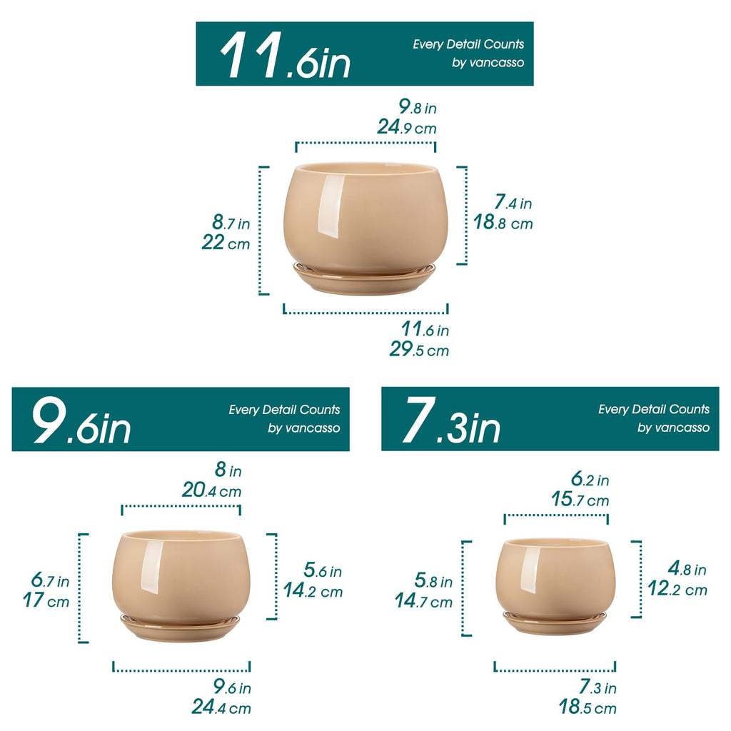3-Pack Ceramic Plant Pots, 7.3/9.6/11.6 Inch Indoor Planters with Saucers & Drainage Hole Planter pots for Indoor