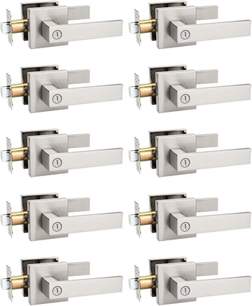 10 Pack Privacy Square Brushed Nickel Door Handles Interior, Keyless Door Knobs /Bathroom, Reversible for Left Right