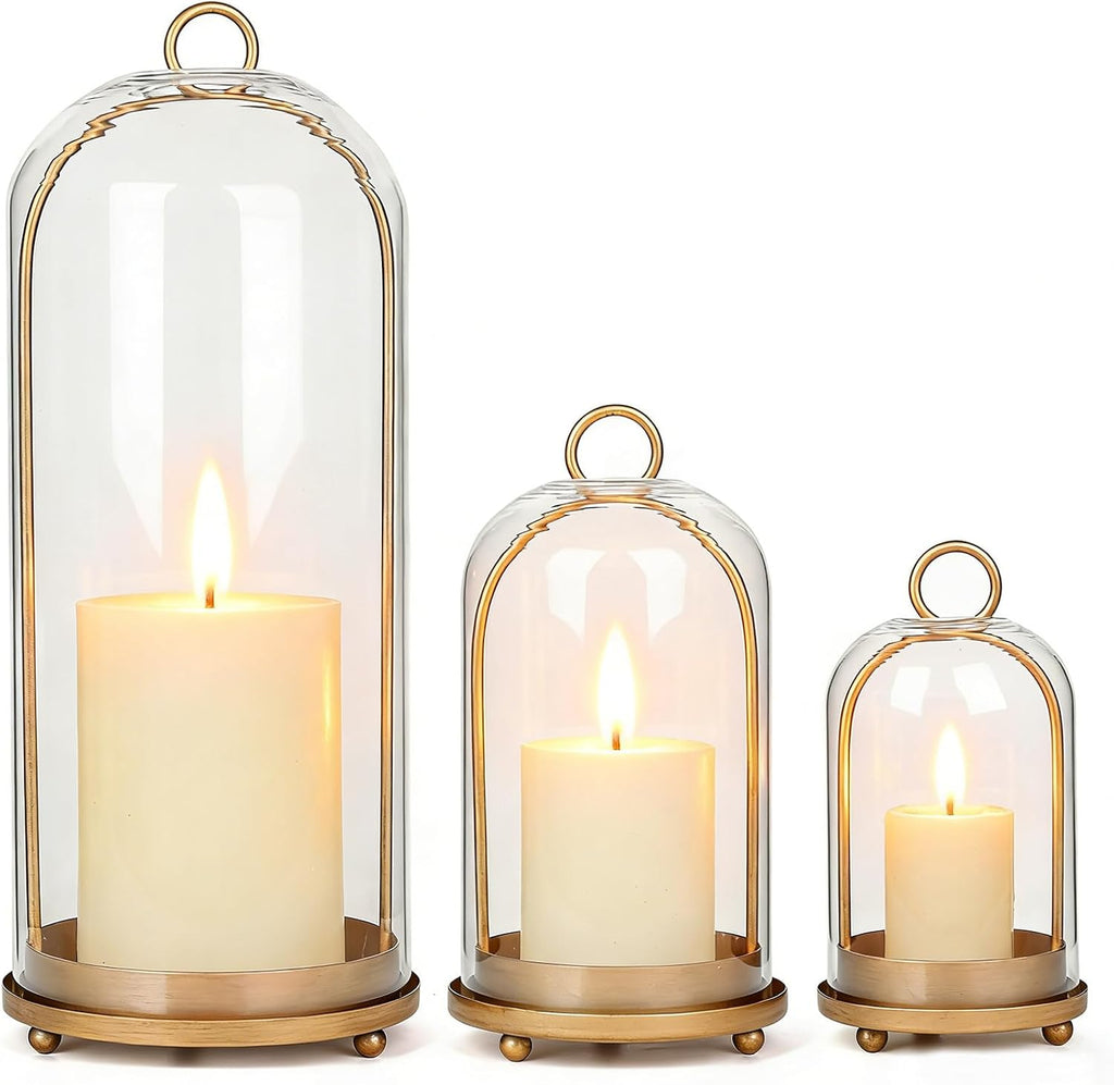 15"&9"&7" Hurricane Glass Candle Holders Set of 3, Metal Candle Holder with Handmade Glass Dome in Brass, Hanging