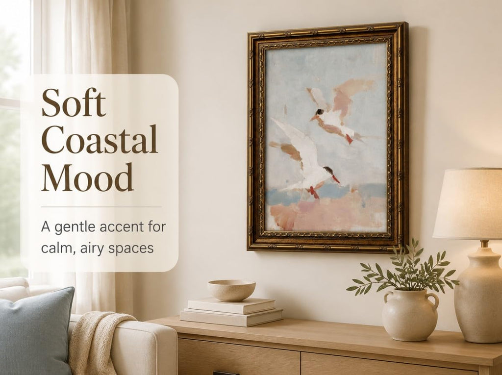 Vintage Coastal Seagulls Framed Wall Art-Beach Flying Birds Canvas Print Antique Nautical Wall Decor for Beach House