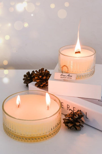 Crystal Glass Candle Holder Set with Amber Scented Soy Wax - 2 Piece Set - Glass