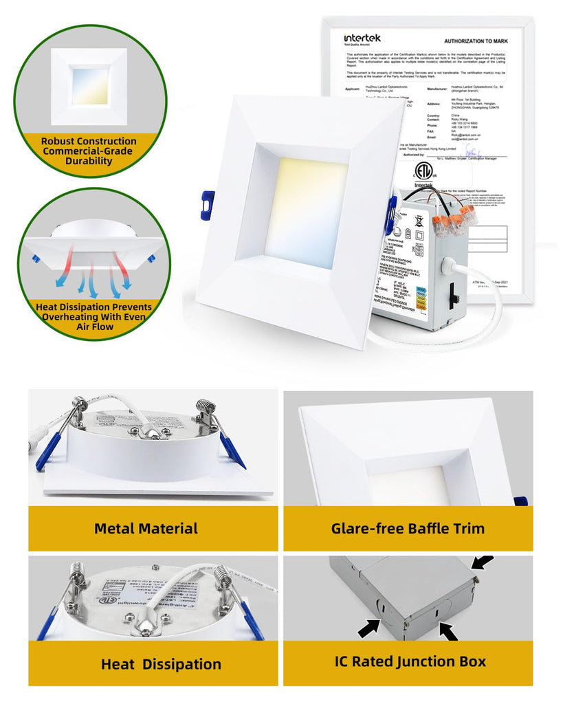 6 Pack 4 Inch Anti-Glare LED Downlight,Dimmable Ceiling Light, Square