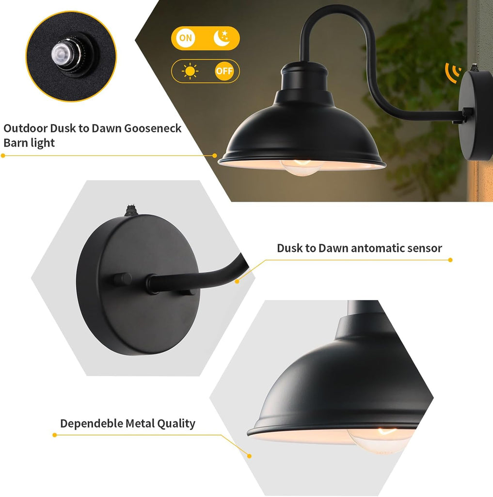 Dusk to Dawn Outdoor Wall Sconces, Exterior Farmhouse Gooseneck Barn Light
