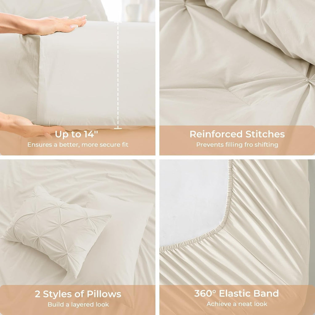 Sasttie Queen Comforter Set, 7-Piece Bed in a Bag, Pintuck Bedding Sets for All Season, Includes Comforter, Flat Sheet