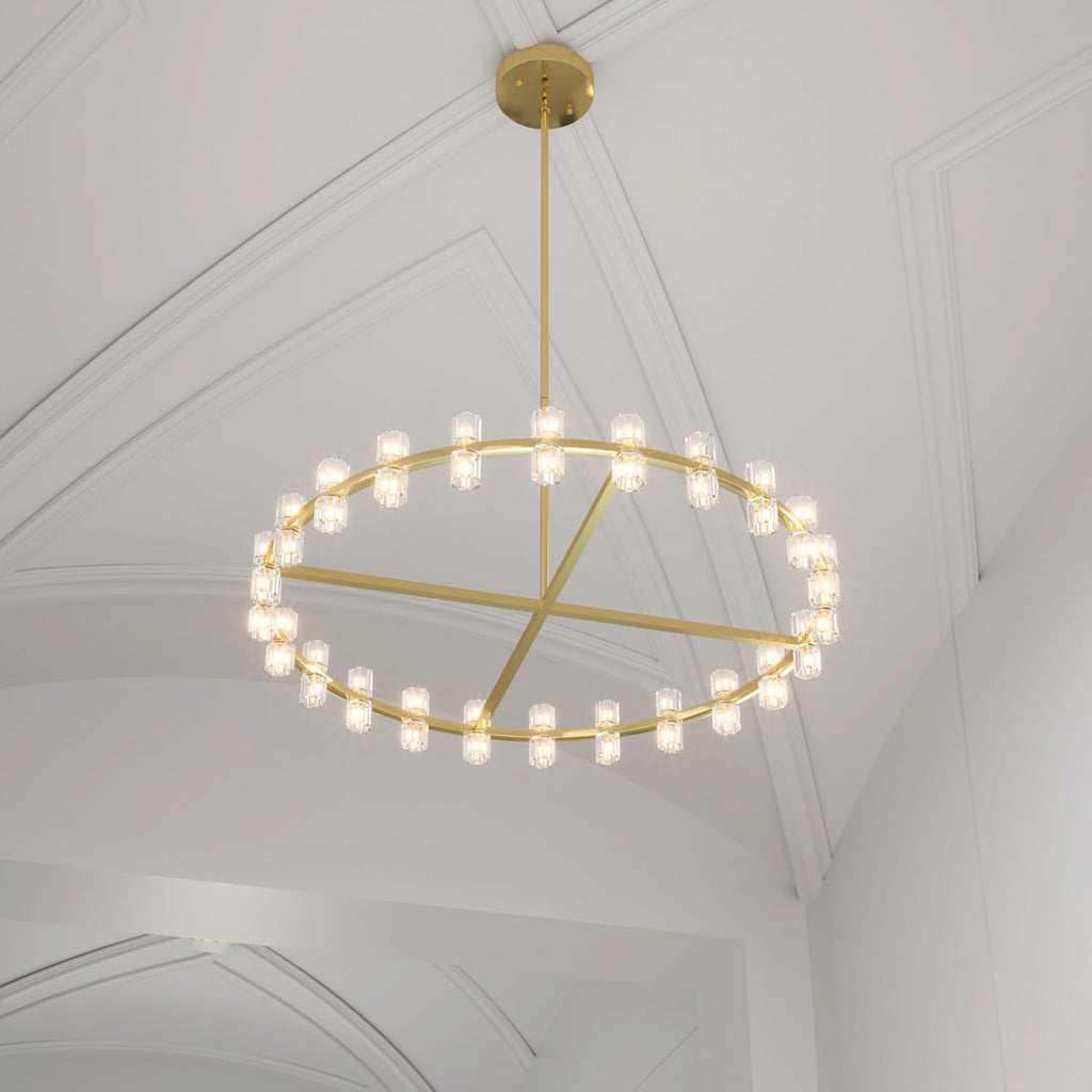 Inspired Arcachon Style Round Wagon Wheel Chandelier, 40" 40-Light Gold — Foyer, Dining & Living Room