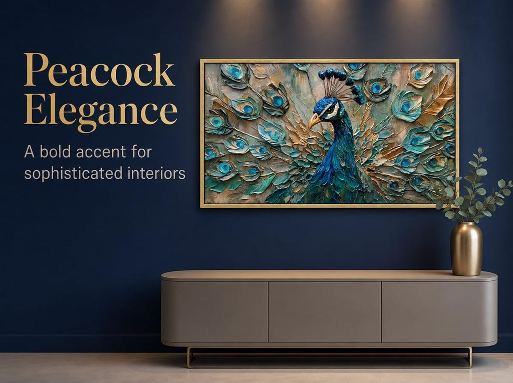 Framed Peacock Wall Art, Teal Blue Gold Wall Decor