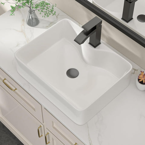 Dcolora 19 In. White Vessel Sink for Bathroom, Rectangular Above Counter Porcelain Ceramic Sink with Black Accessories