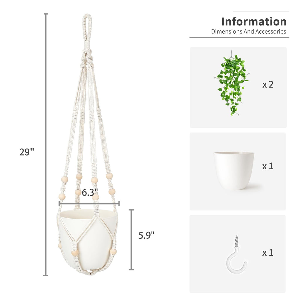 Fake Hanging Plant, Macrame Hanger with Pothos Vines & Pot, Ivory