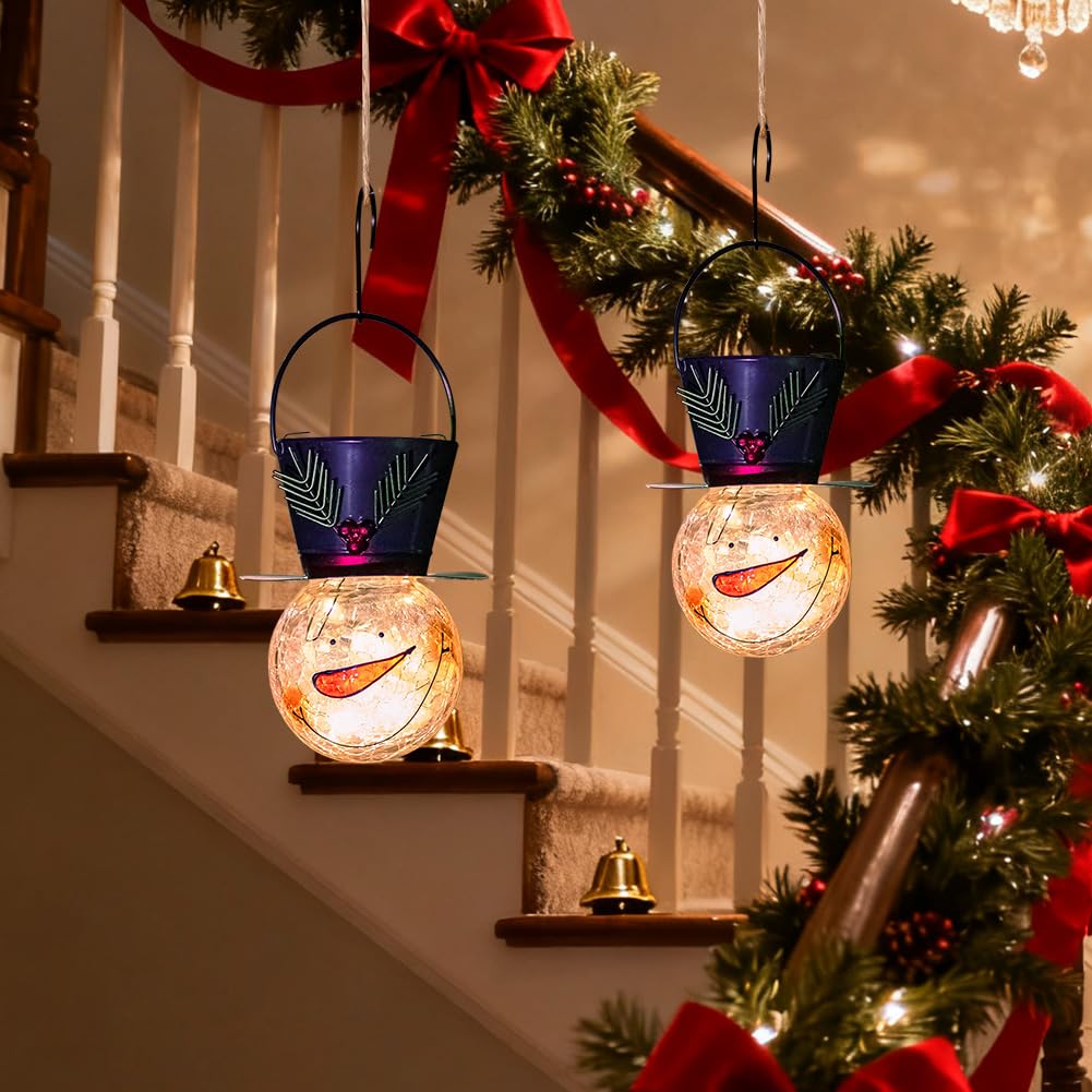 2 Pack Snowman Solar Lanterns, Christmas Outdoor Hanging Lantern Waterproof Decorative Snowman Lights Decor for