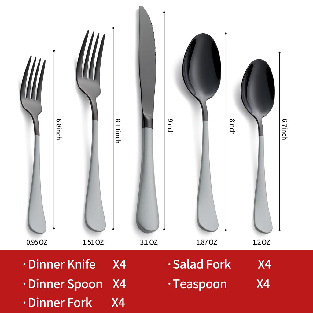 20-Piece Black Silverware Set 18/0 Stainless Steel Flatware Gray Handle Cutlery Set Service for 4 Dinner Knives Forks