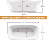 59" Free Standing Tub, Pure Acrylic Freestanding Bathtub, Stylish Stand Alone Contemporary Deep Soaking Bath Tub