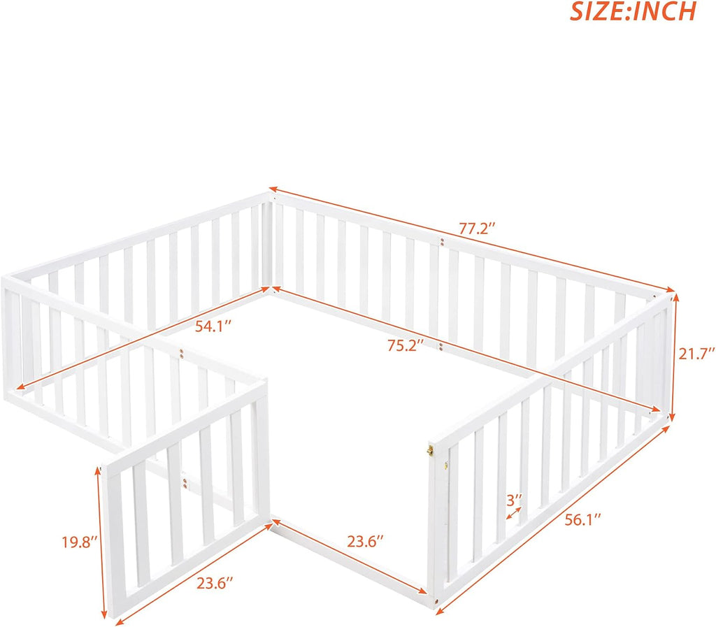 Montessori Floor Bed Frame with High Fence and Door, Full Floor Bed for Kids, Girls & Boys, Easy Assemble Montessori