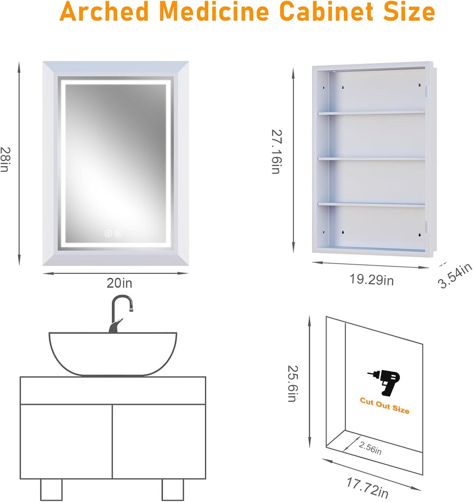 20"x28" White Medicine Cabinet with Lights, Bathroom Mirror with Storage, Dimming 3 Lighting Colors, Fast Defogging