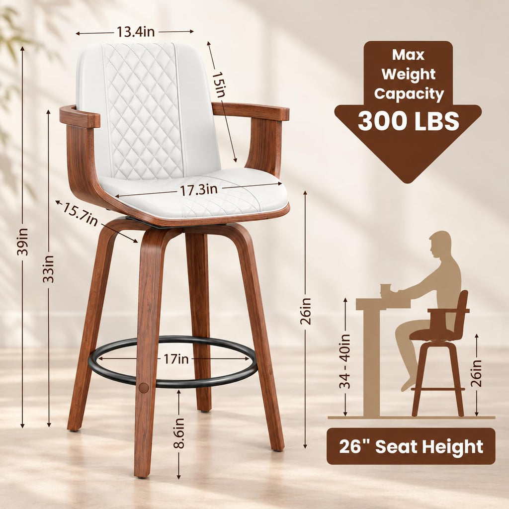 Bar Stools Set of 2, 26" Bentwood Counter Stools with Arms, White
