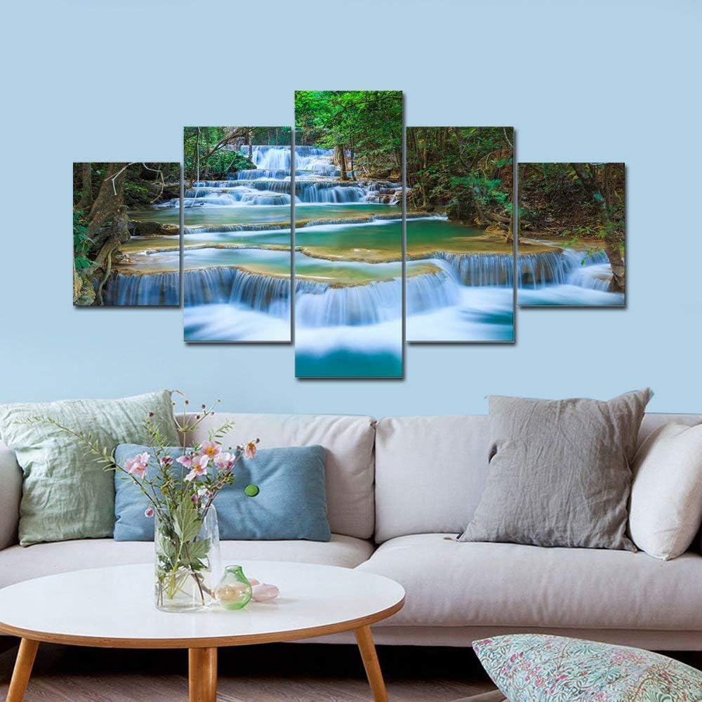 Peaceful Waterfall 5 Panels Large Canvas Paintings Wall Art Modern Gallery Wrapped Landscape Forest Giclee Canvas
