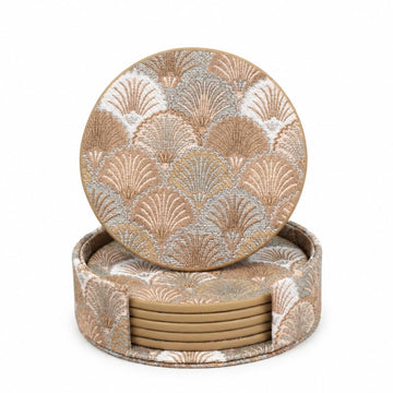 Art Deco Coasters Set of 6 with Holder, Beige