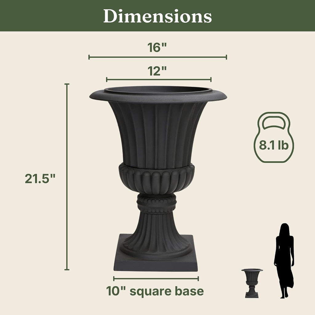 Urn Planters 22", Set of 2, Tall Stone-Resin Pedestal Planters for Outdoor Plants, Large Front Porch Decor, Patio