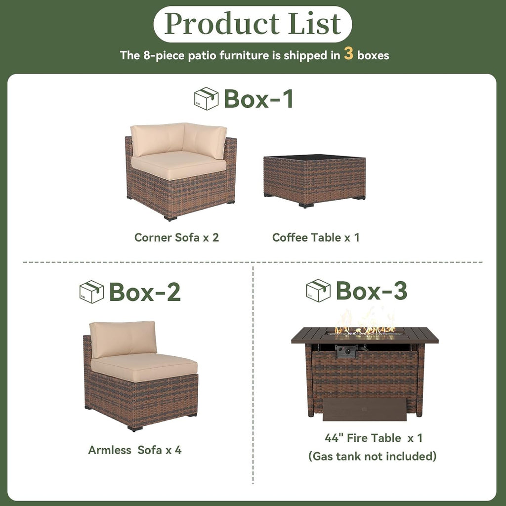 8 Piece Patio Furniture Set with 44" Fire Pit Table Wicker Rattan | Outdoor Sectional Sofa Set with Coffee Table and