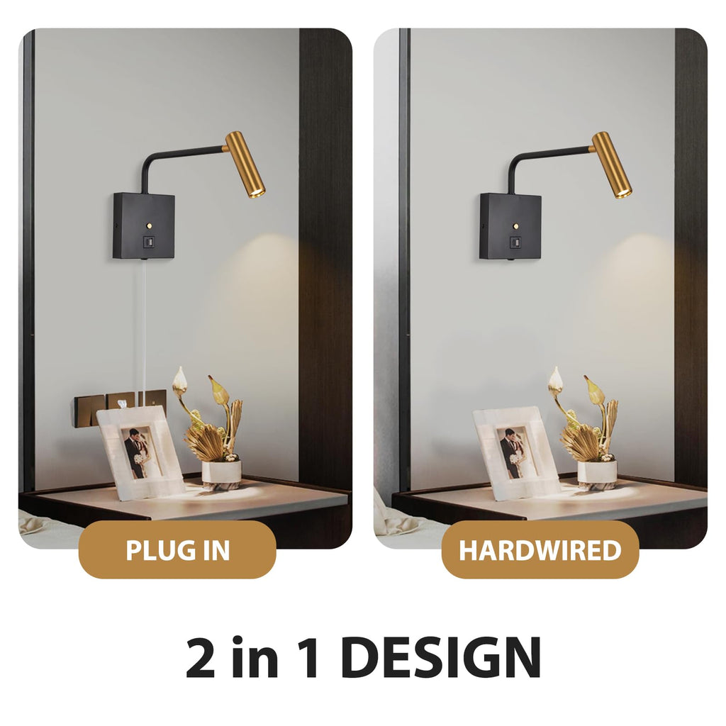 LED Wall Lamp Wall Mounted Reading Lights, Dimmable Adjustable Headboard Plug in Wall Sconce with USB C+A Ports