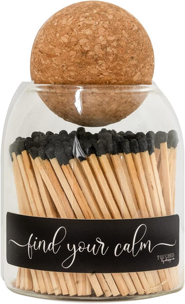 Find Your Calm Cute Glass Match jar Cloche | Approx 135 Decorative Wooden Black tip Matches for Candles & décor - Set of 135