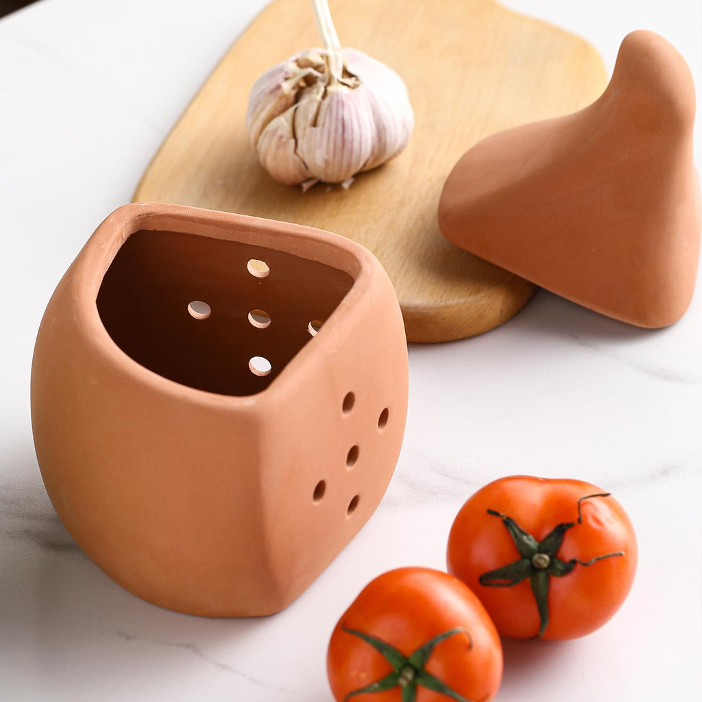 Terracotta Garlic Keeper Saver, Clay Storage Jar Large Container, Ceramic Garlic Pot Holder