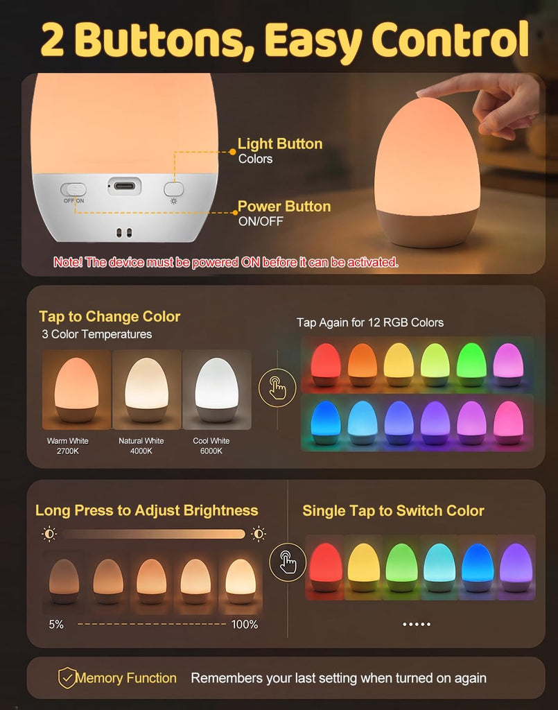 Egg Night Light, Baby Essentials for Newborn, Rechargeable Baby Night Light with 3 Color Temperatures + 12 RGB