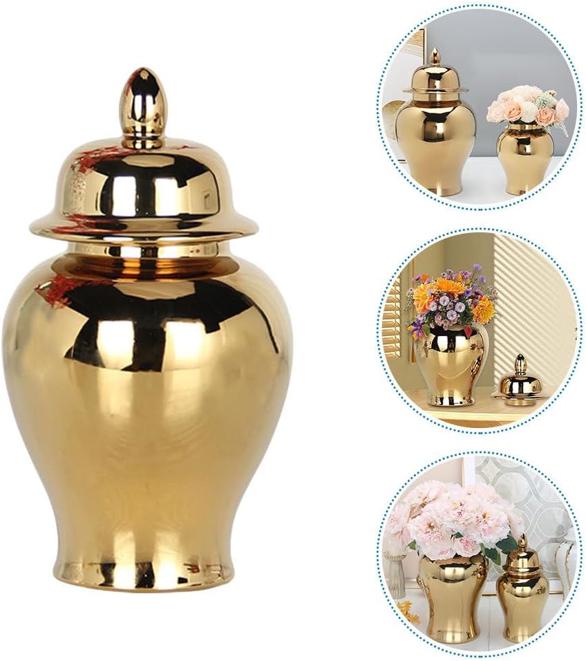 Ginger Jar, Golden Ginger Jar Handicraft Flower Vase Chinese Style Temple Jar Storage Jar Tea Canister with Lid