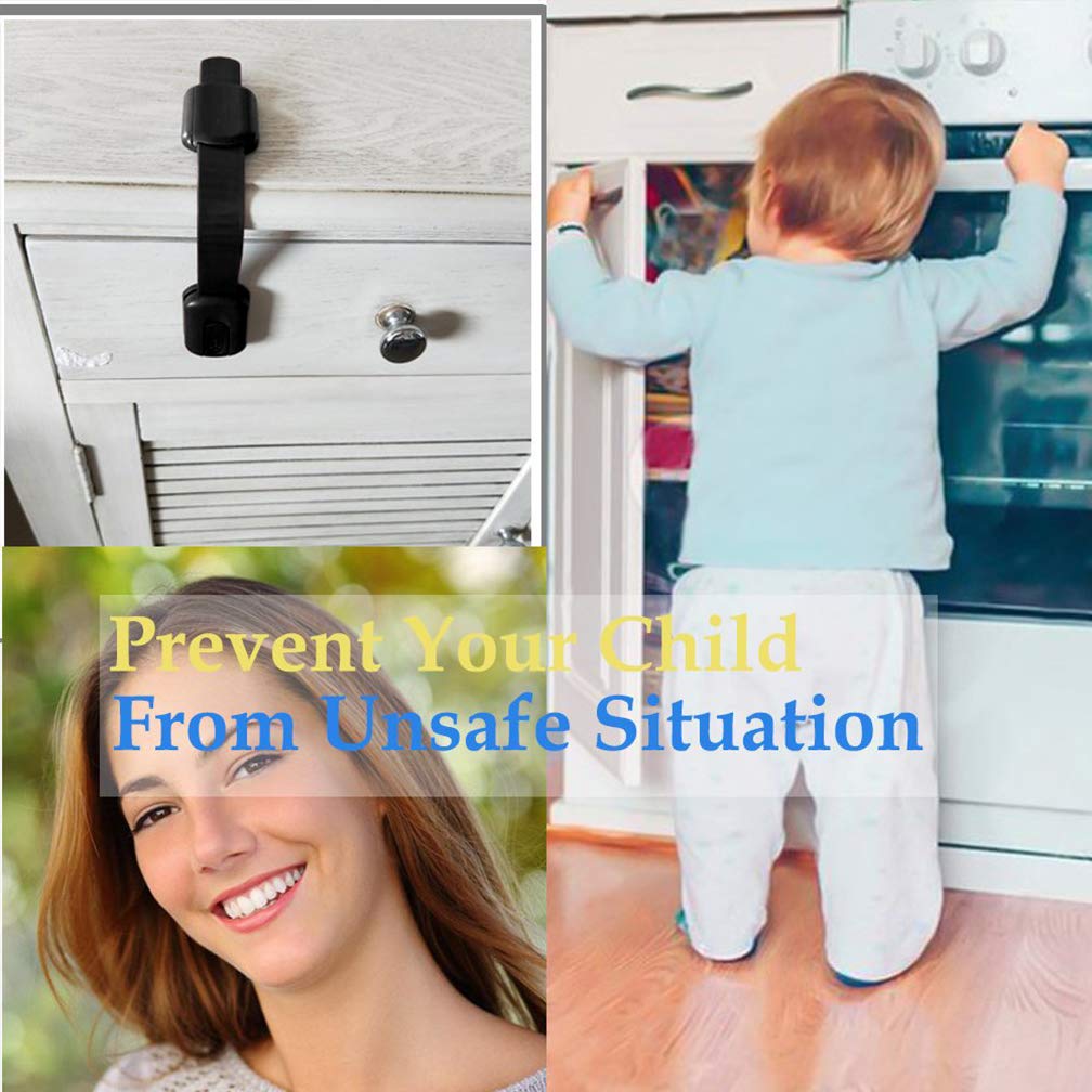 8 Pack Black Child/Baby Safety Cabinet Locks - Adjustable Strap Baby Proof Latches with No Trapped Fingers for