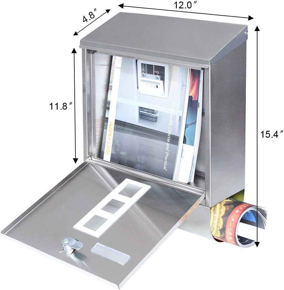 Stainless Steel Mailbox with Key Lock, Metal Wall Mount Rust-Proof Mail Box with Newspaper Compartment 15.4" x 12"