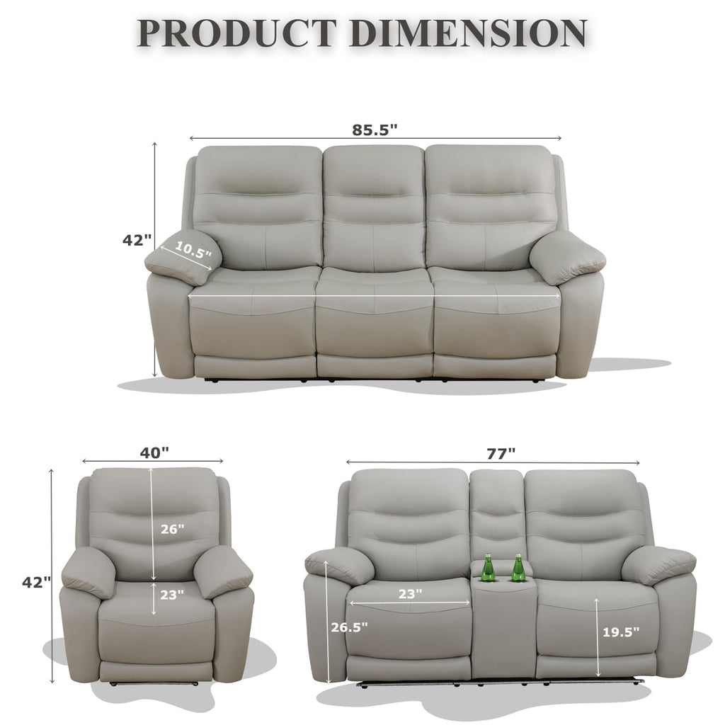Power Reclining Sofa, 3-Seater Genuine Leather Recliner Couch, Light Grey Top Grain Leather Sofa with USB Port
