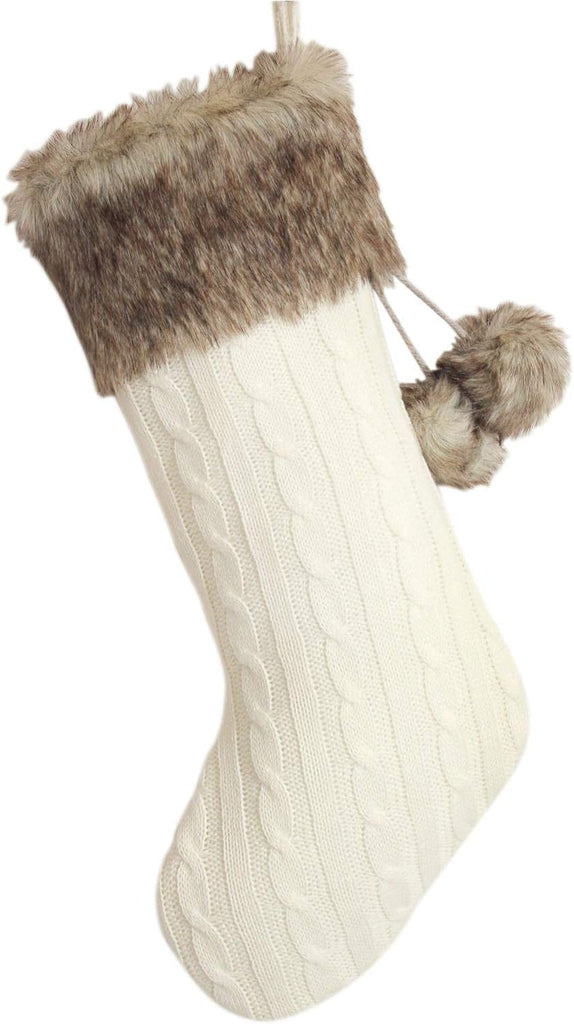 Ivory Cable Knitted Body, Faux Fur Cuff with Faux Fur Fluffy Pompom Ball Christmas Stocking, Xmas Tree Decoration