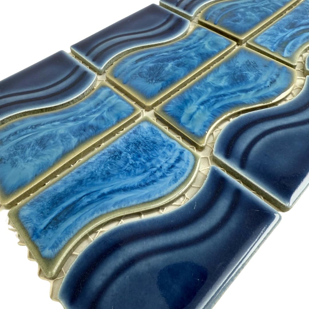Navy Ocean Blue Wavy Porcelain Lineup Border Pool Wall Floor Tile Backsplash on 6x12 Mesh Mounted Easy Installation