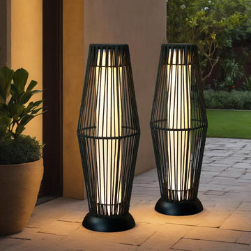 Outdoor Floor Lamp 2 Piece Solar Powered Lantern Wicker Solar Patio Lamp with Olifen Rope Waterproof Rattan Outside