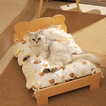 Wooden Bear-Shaped Cat Bed for Indoor Cats & Small Dogs - Removable Washable Elevated Pet Sofa with Frame, Princess