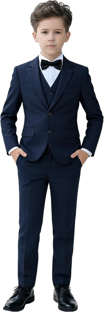 Boys Slim Fit Suits Kids Tuxedo Ring Bearer Outfit,Adjustable Waist