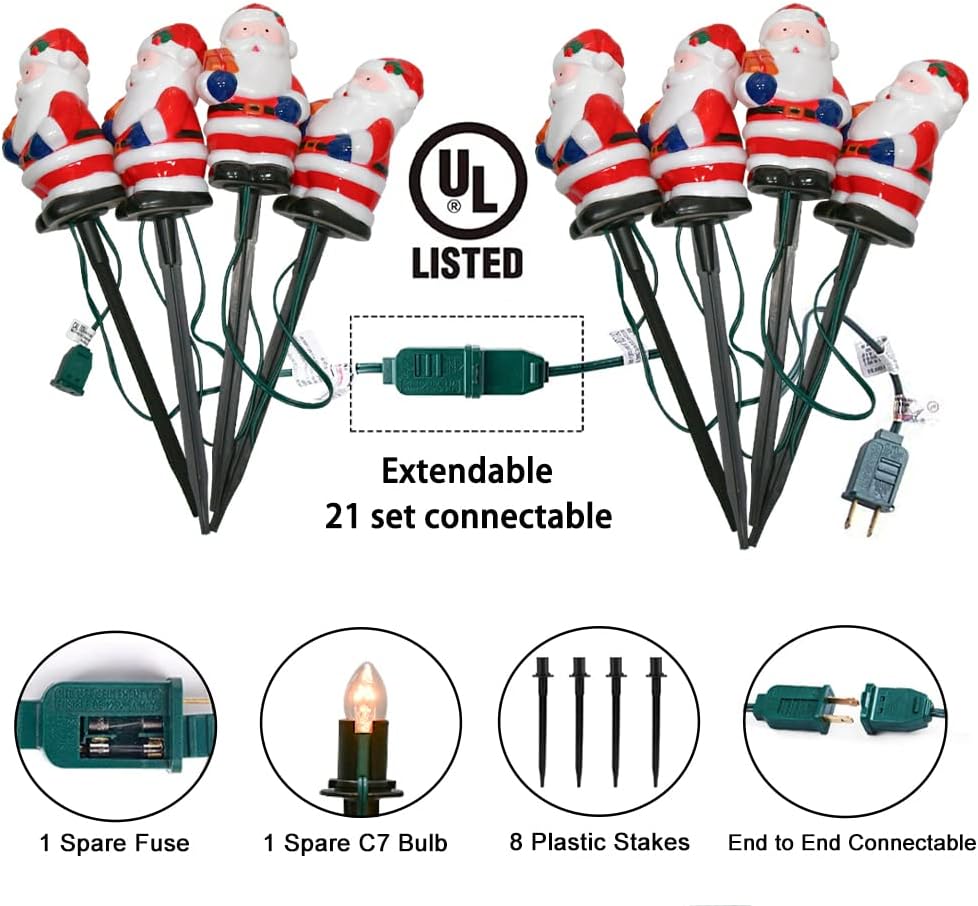 2 Sets Santa Christmas Pathway Lights, 7Ft C7 Outdoor Christmas String Lights with 8 Santa Claus Marker Stakes Light