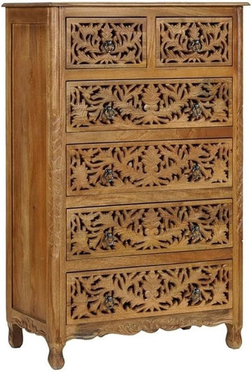 Solid Mango Wood 6-Drawer Tall Chest, 54 Inch, Brown Finish, Floral Carved Accents, Space-Saving Vertical Design
