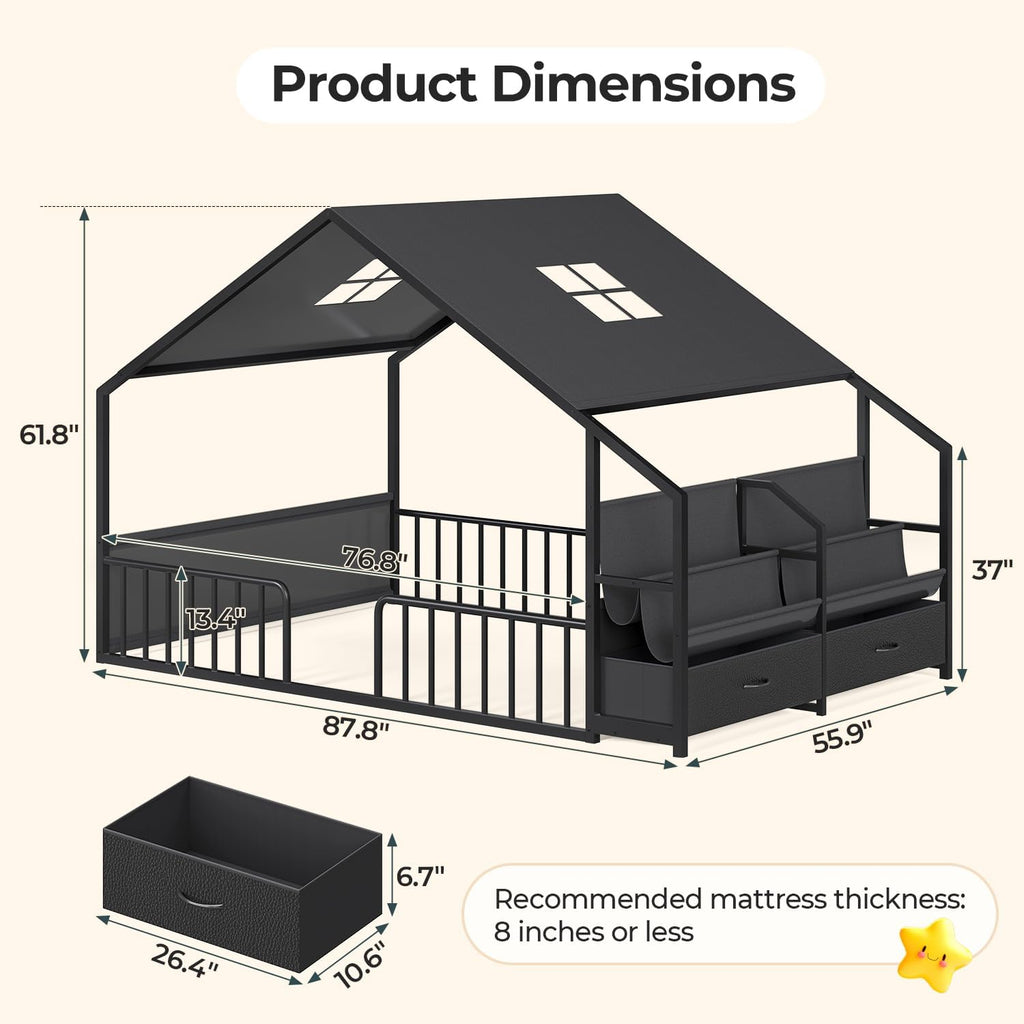 Montessori Floor Bed, Safety Guardrails, Reading Nook, Black