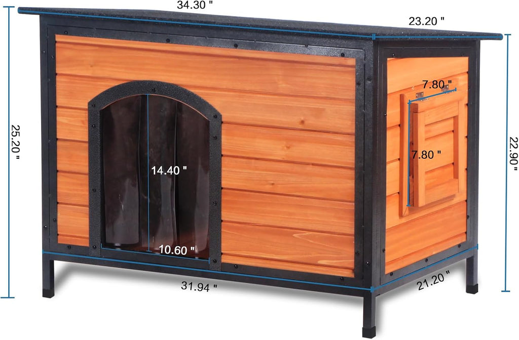 Outdoor Wooden Dog House Weatherproof Metal Frame Chew Proof Pet Shelter