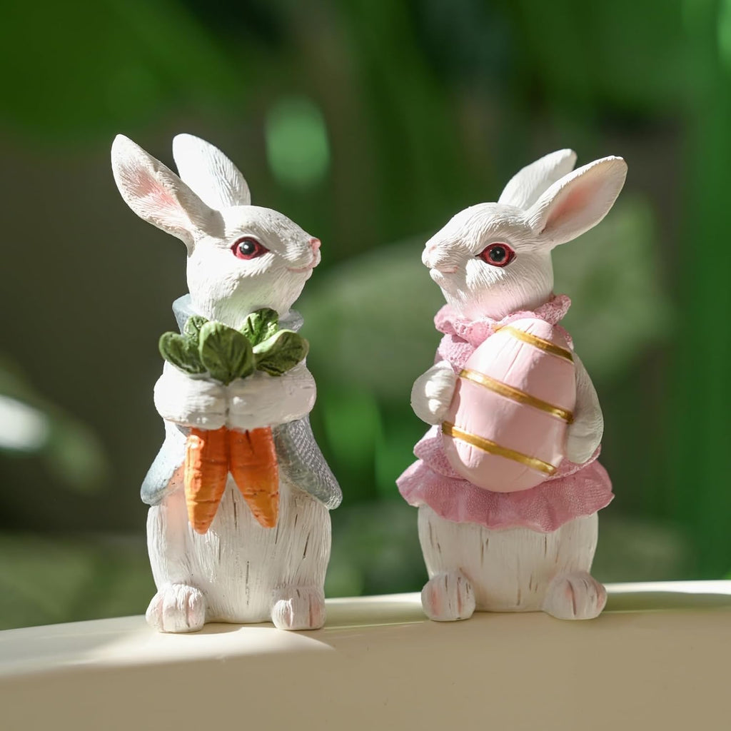Easter Decorations - Resin White Easter Bunny - Small Bunny Statues Figurines Decor Table Centerpieces - Set of 2