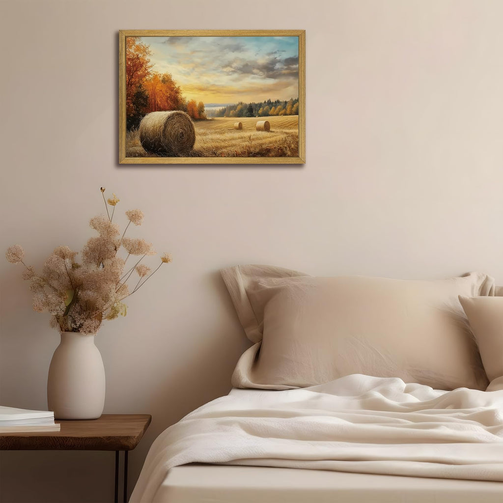 Wood Framed Vintage Canvas Wall Art, Autumn Countryside Nature Scene Prints 16x24 Inch, Farmhouse Wall Decor Poster