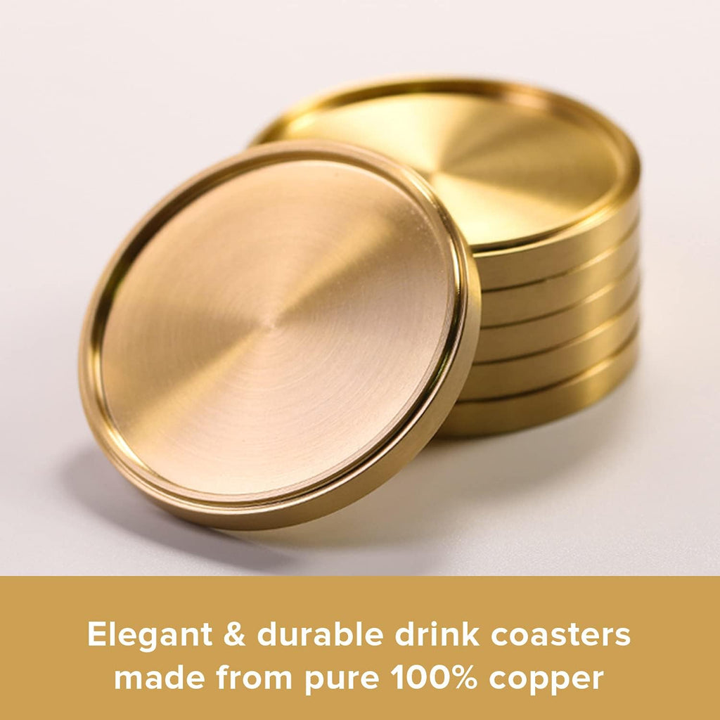 Heavy Brass Coasters for Drinks (6-Pack) - Solid Bronze Gold Coasters - Classy MCM Style Premium Coaster Set - 5 Star - Set of 6