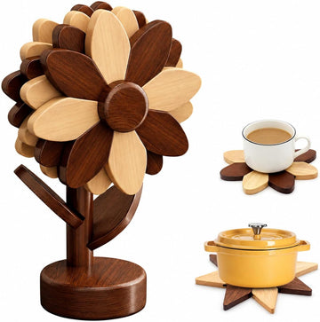 Sunflower Trivets for Hot Dishes, Wooden Tree Trivet Stand Set - Set of 5