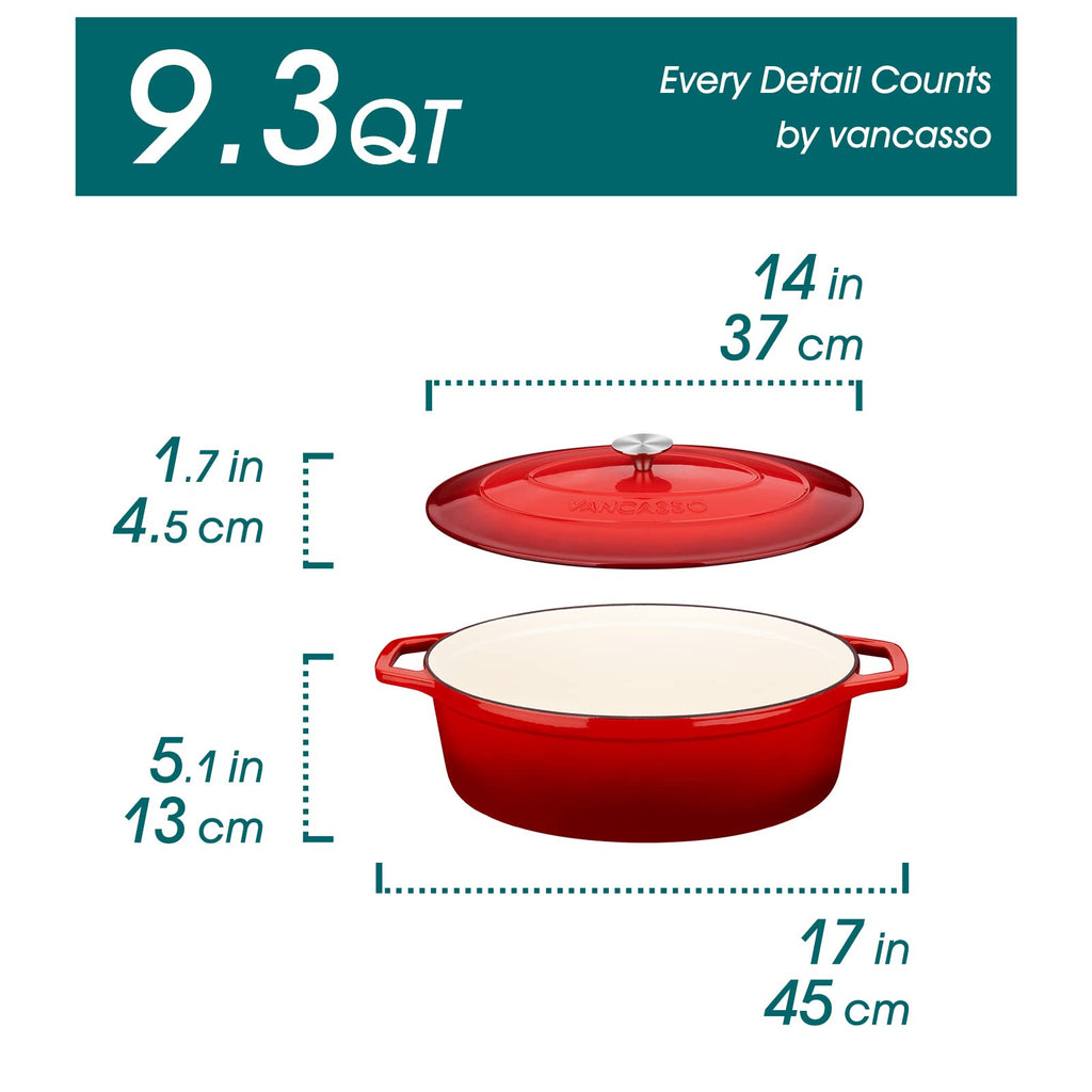 9.3 Qt Oval Enameled Cast Iron Dutch Oven with Lid, Red