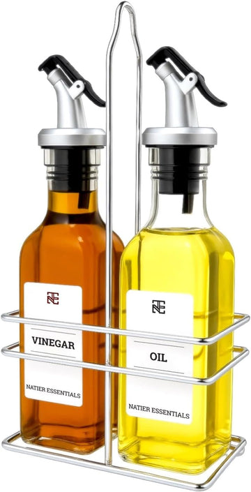Oz Oil and Vinegar Bottle Cruet Set with Wire Caddy - 2 Pack Glass Dispenser Bottles (No-Drip Spout) - Set of 2
