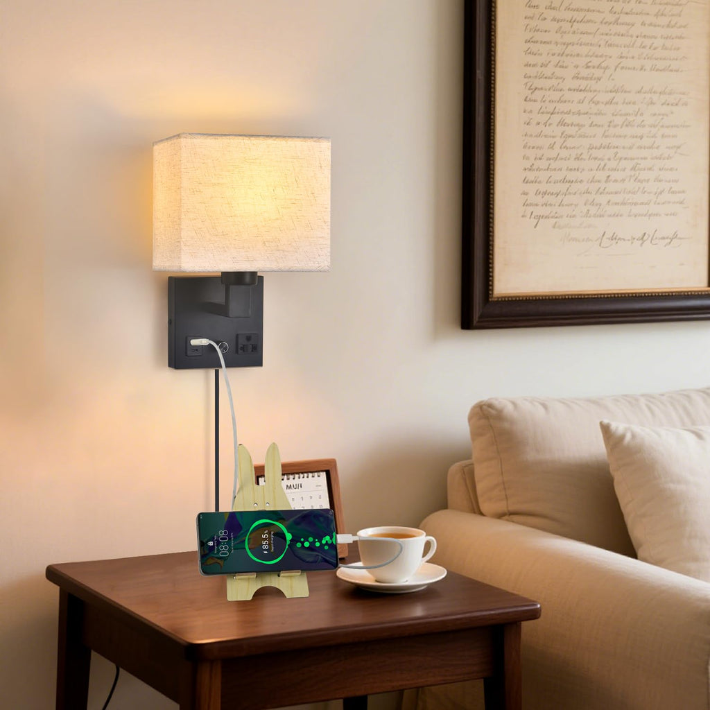 Bedside Wall Lamp, Plug in Wall Sconce - Dimmable Switch with AC Outlet & USB Charging Port, Fabric Shade, Black